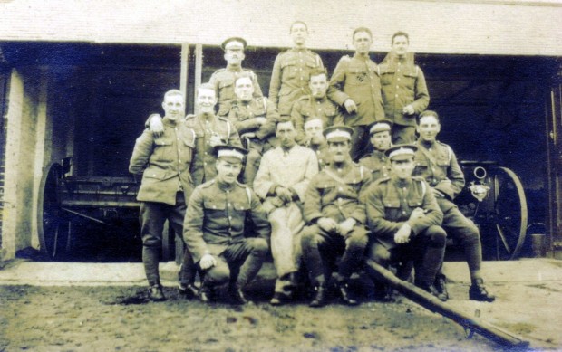 LOST IMAGE: A battered little picture in Dora’s suitcase shows Joe on the left of the middle row of this artillery battery