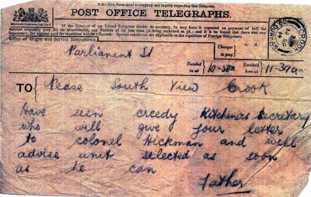 The telegram Joseph’s father sent him in Crook showing how he was trying to pull strings with Lord Kitchener to get him to the right place