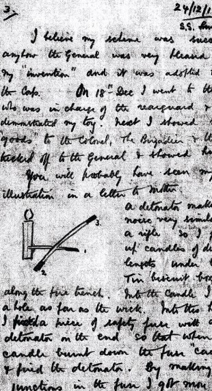 Joseph’s letter of December 20, 1915, telling how he’d fooled the Turks into thinking the British were still in their Gallipoli trenches. Many of his letters included drawings of his inventions – this one shows the candles used to create the sound of rifle-cracks